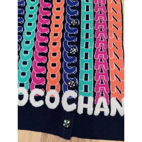 Chanel 21K Blue Rainbow Letter Logo CC Button Long Sleeve Cardigan Sweater 36 - Picture 7 of 15